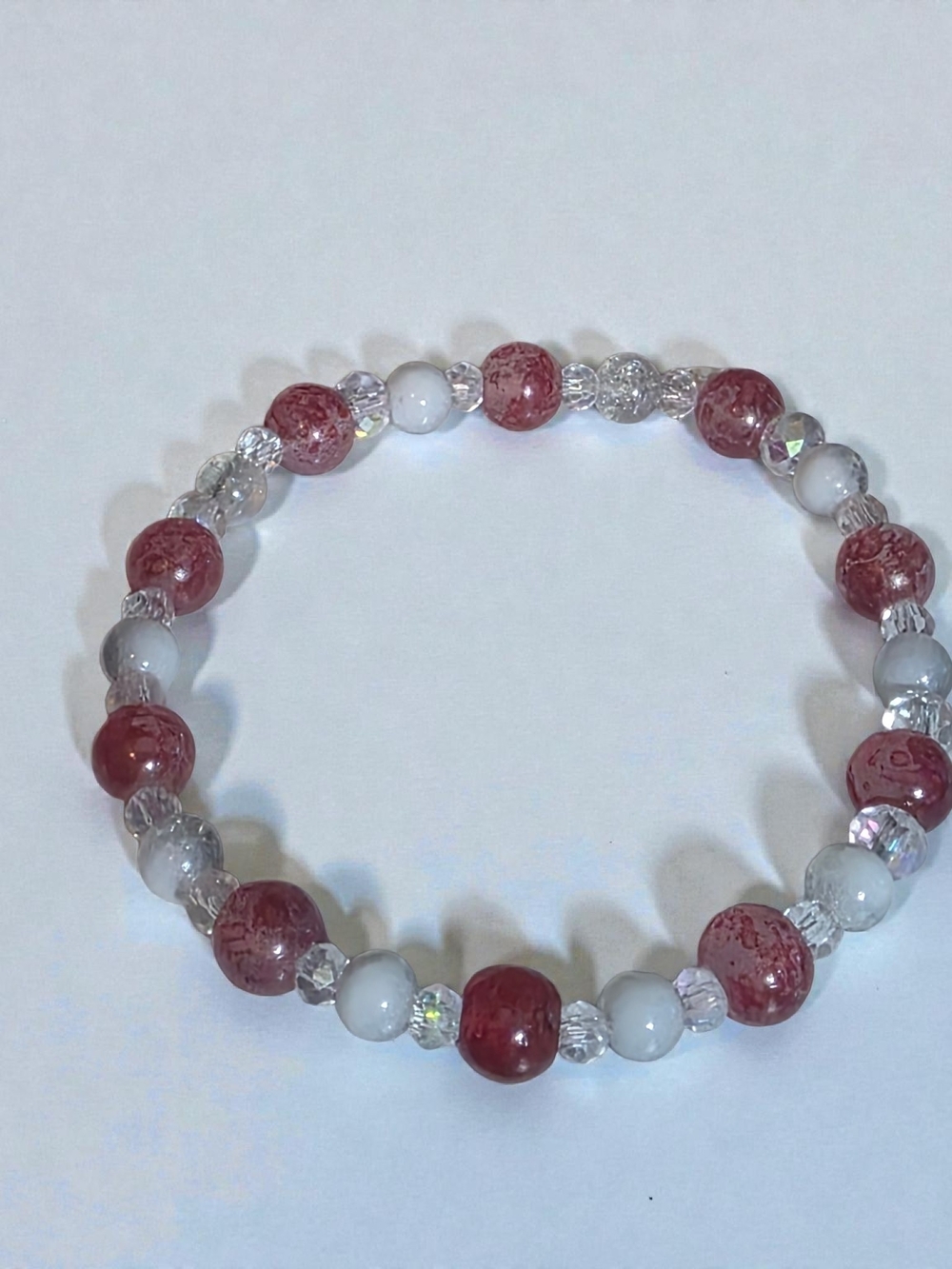 Handmade Pink Strawberry Quartz Milky White Crystal Beaded Stretch Bracelet
​
